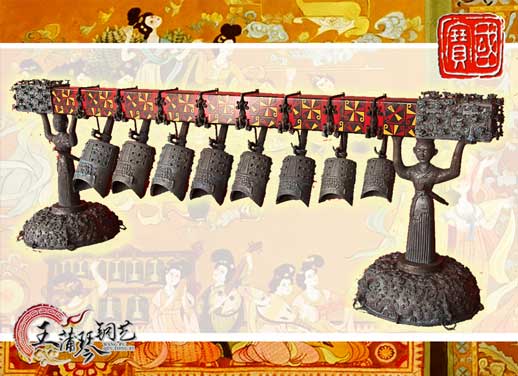 8件古編鐘，銅人銅座裝飾，可發(fā)音